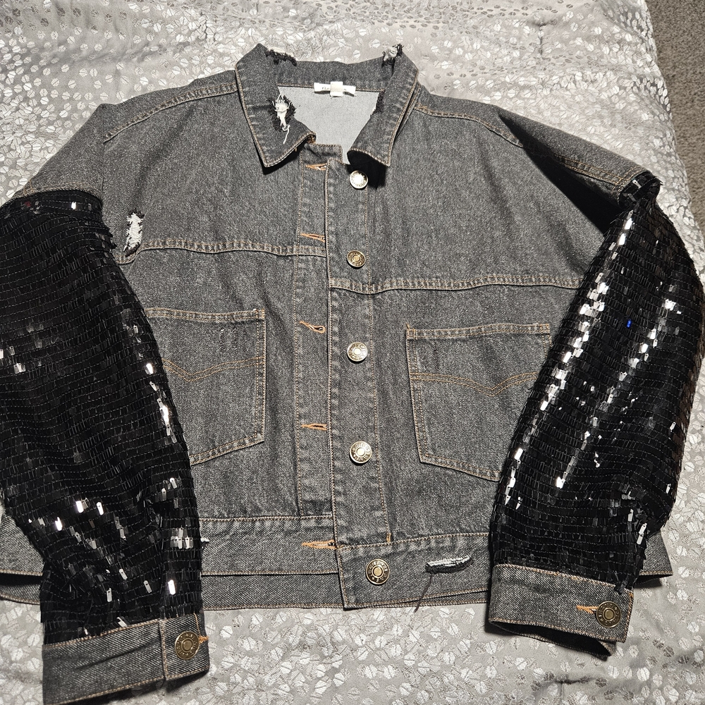 Sequin Sleeve Jean Jacket
